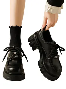 Women's Thick Sole Round Toe Leather Shoes, New 2026 British Style High Heel Single Shoe, Spring & Fall Lace-Up Casual Loafers, Closed