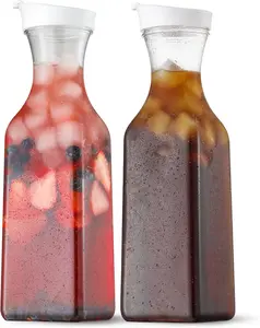 Plastic 50 Oz Water Carafe with Flip Top Lid, Set of 2 Square Base Juice Containers, Clear Plastic Pitcher - for Water, Iced Tea, Juice, Beverage, Cold Brew and Mimosa Bar - HAND WASH ONLY
