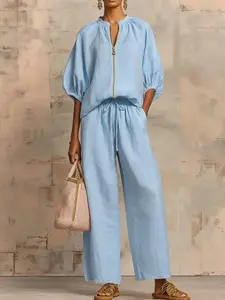 Women's Matching Lounge Set Quarter Zip Pullover Top Loose Wide Leg Pants 2 Piece Sweatsuit Casual Outfit