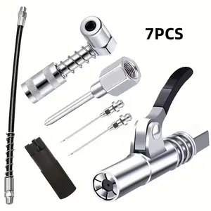 7-Piece Stainless Steel Butter Gun Accessories Kit, 1/8 Inch Npt, Non-Slip Dual Handle Coupler, 90 Degree Adapter, Needle Dispenser