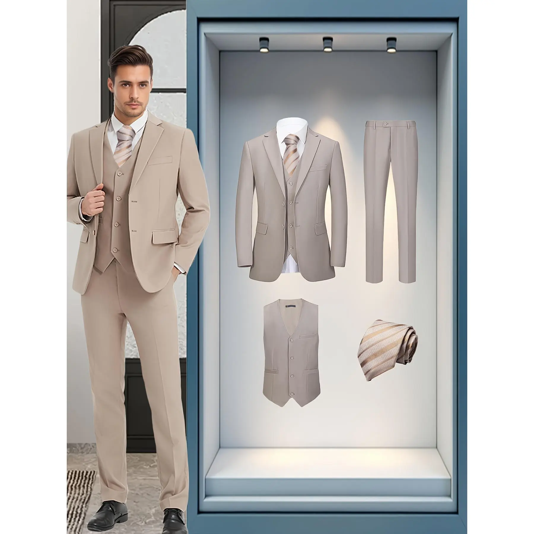 Men’s 4-Piece Formal Slim Fit Tuxedo Suit Set - Long Sleeve Suit Coat, Vest, Pants, Tie - Plain Menswear Formal Wear for Wedding, Business