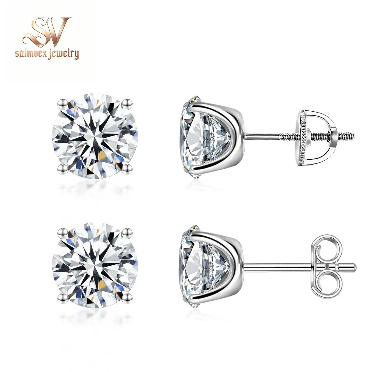 Salmvex S925 Sterling Silver Round Cut Moissanite Stud Earrings, 4-Prong Solitaire Design, Hypoallergenic Multi-Size Screw/Butterfly Backs for Secure Fit, Ideal Wedding/Birthday Gifts for Women, Wedding Gifts