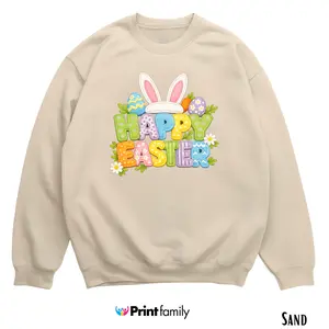 Happy Easter Sweatshirt – Cute Bunny Ear Spring Holiday Graphic Tee, Colorful Easter Outfit for Women Men and Kids,  Spring Holiday Graphic Tee