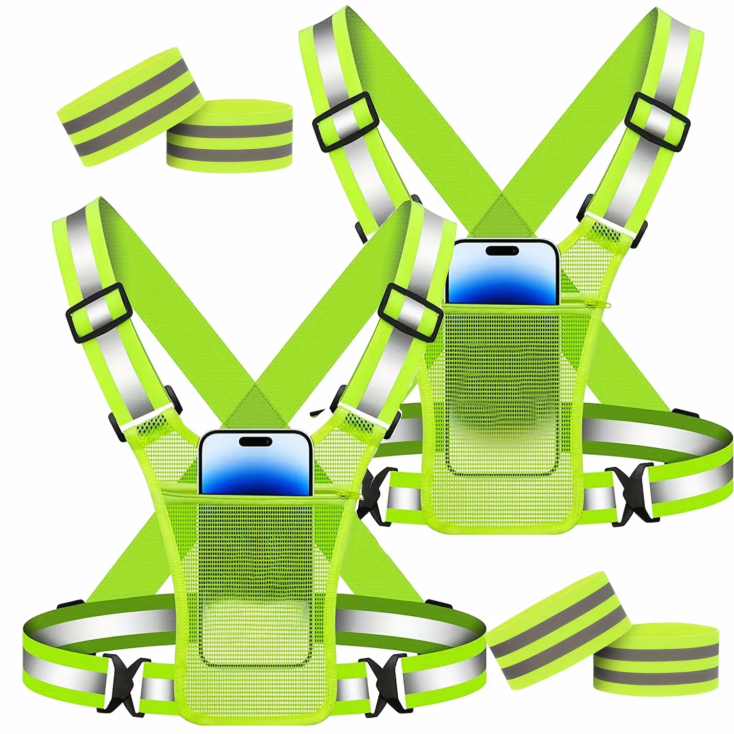 Unisex Reflective Safety Gear Set - 2 Chest-Fit Cross-Strap Phone Holders, 2 Reflective Bracelets, Adjustable Waist-Shoulder Straps for Running/Cycling Outdoor Sports, Phone Holder