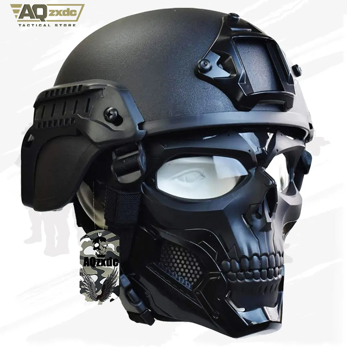 AQzxdc Mich ACH Tactical Helmet, Skull Full Mask Set with Side Grilles and NVG Holder for Cosplay