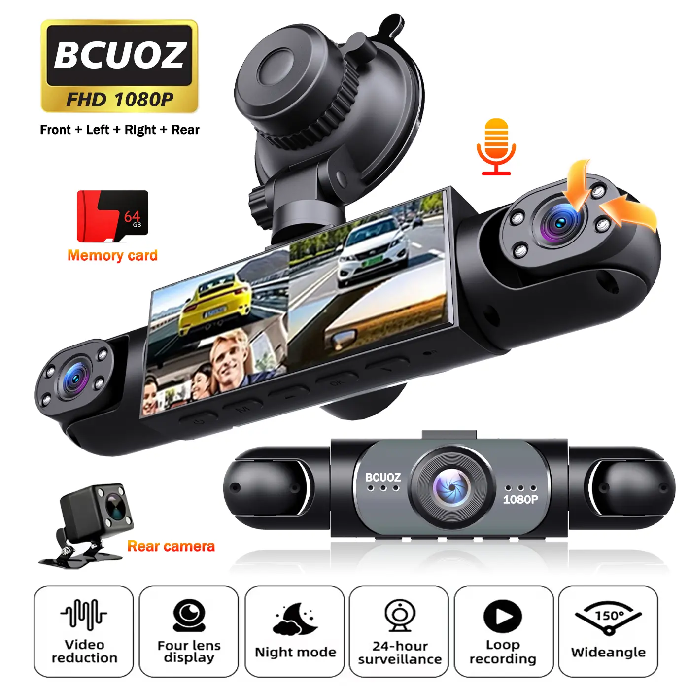 4 Channel  Car Dash Cam,1080P Car DVR with 64GB Memory Card,Plug and Play （Not wireless）,24/7 Parking Mode Car DVR Hd Screen Front Rear Left And Right dashcam fathersdaygift