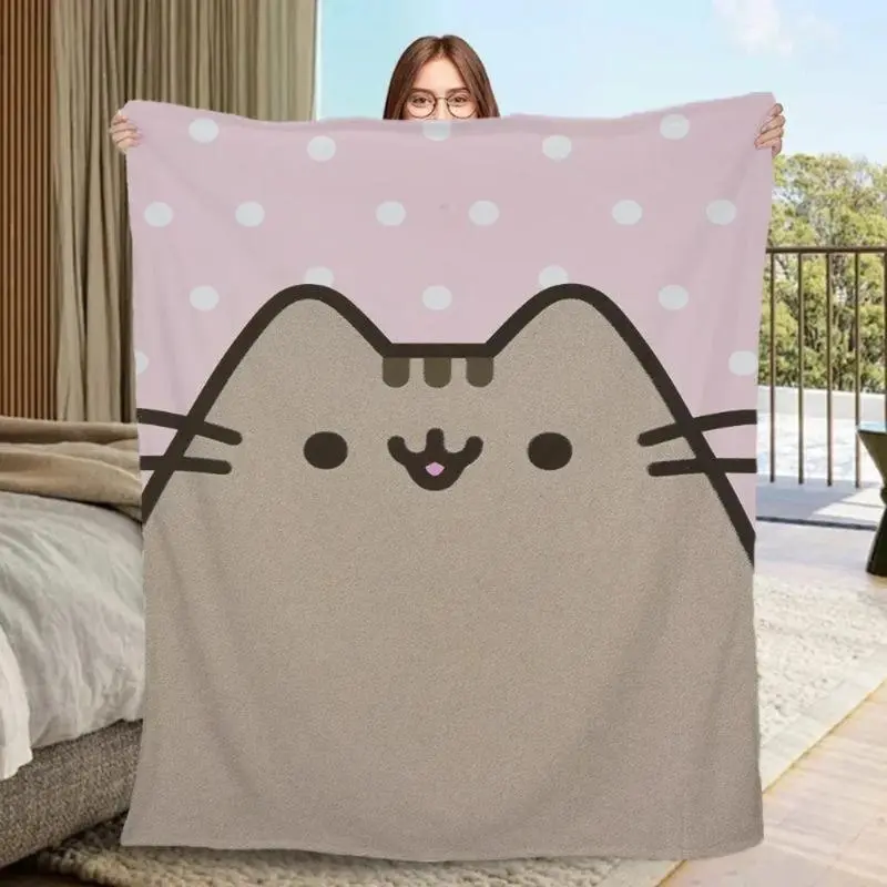 Pusheen Cat Ultra-Soft Flannel Plush Throw Blanket - Fine Stitching, Kawaii Design, Multi-Size, Cartoon Character & Text Graphic, Flannel Cozy, Cozy Throw, Teen Girl Gifts, Home Lounging, Flannel Cozy Blanket