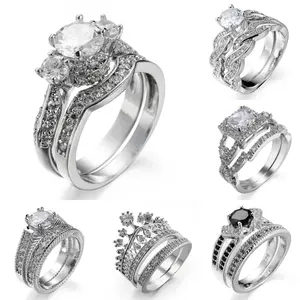 New Arrival Unisex Couple's 2-Piece Creative Accessory Set, White Zircon Jewelry with Engagement Crown Ring and Matching Band, Accessories for Women