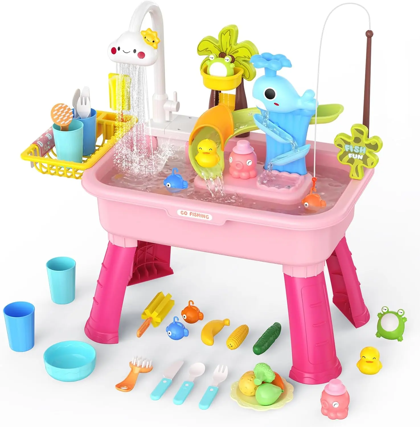 Pink Plastic Kids Multi-Activity Water Table Playset with Electric Faucet Pump, Detachable Legs, Fishing Game, Playful Pretend Kitchen Accessories for Backyards Toddler Outdoor Play