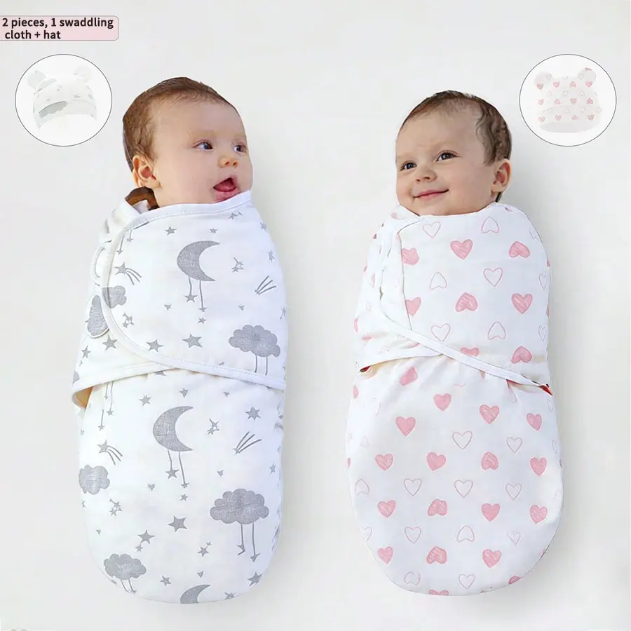 2-Piece Baby Swaddle Set, Adjustable Velcro Design, All-Seasons Infant Cap Included, Anti-Jump Swaddle, Easy-On Easy-Off, for Newborn