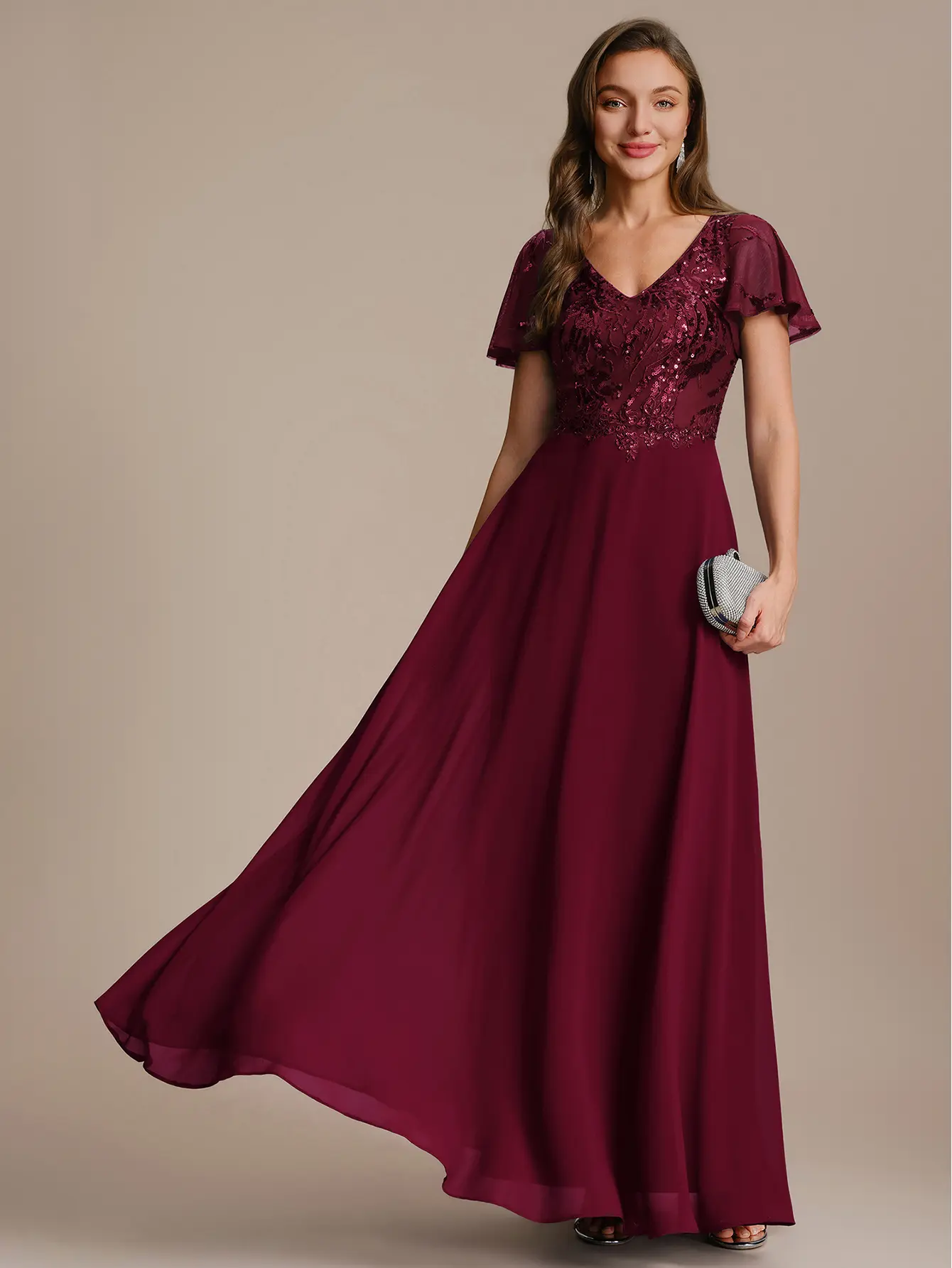 Ever-Pretty 2026 Chic Glitter Style Mother of the Bride Dress - V-Neck, Short Ruffle Sleeves, Applique Sequin Fabric, Sparkly A-Line Skirt, Back Zipper for Formal Weddings EM02735, Elegant, Fit, Dress For Wedding Guest, Garment, Cute Wedding Guest Dresses