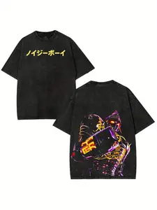 Men's Heavyweight Washed Cotton T-Shirt with Japanese Neon Robot & Y2K Aesthetic Drip Style - Loose Fit Breathable Streetwear Tee for Summer, Casual Outfits, Festivals & Anime Conventions - Japanese Text & Neon Robot Graphic Print