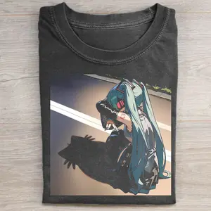 Hatsune Miku Sitting on Road T-Shirt, Emotional Anime Graphic Tee, Vocaloid Streetwear, Cute Miku Shirt, Otaku Girl Gift