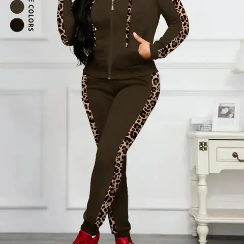 Women's Autumn Winter Long Sleeve Knit Pants & Top Matching Outfit Set, Knit Clothing Sets, Striped Set, Solid Color Fitted Casual with Leopard Print Stripes, Perfect for Loungewear Home & Party Wear Clothes Lady Womenswear