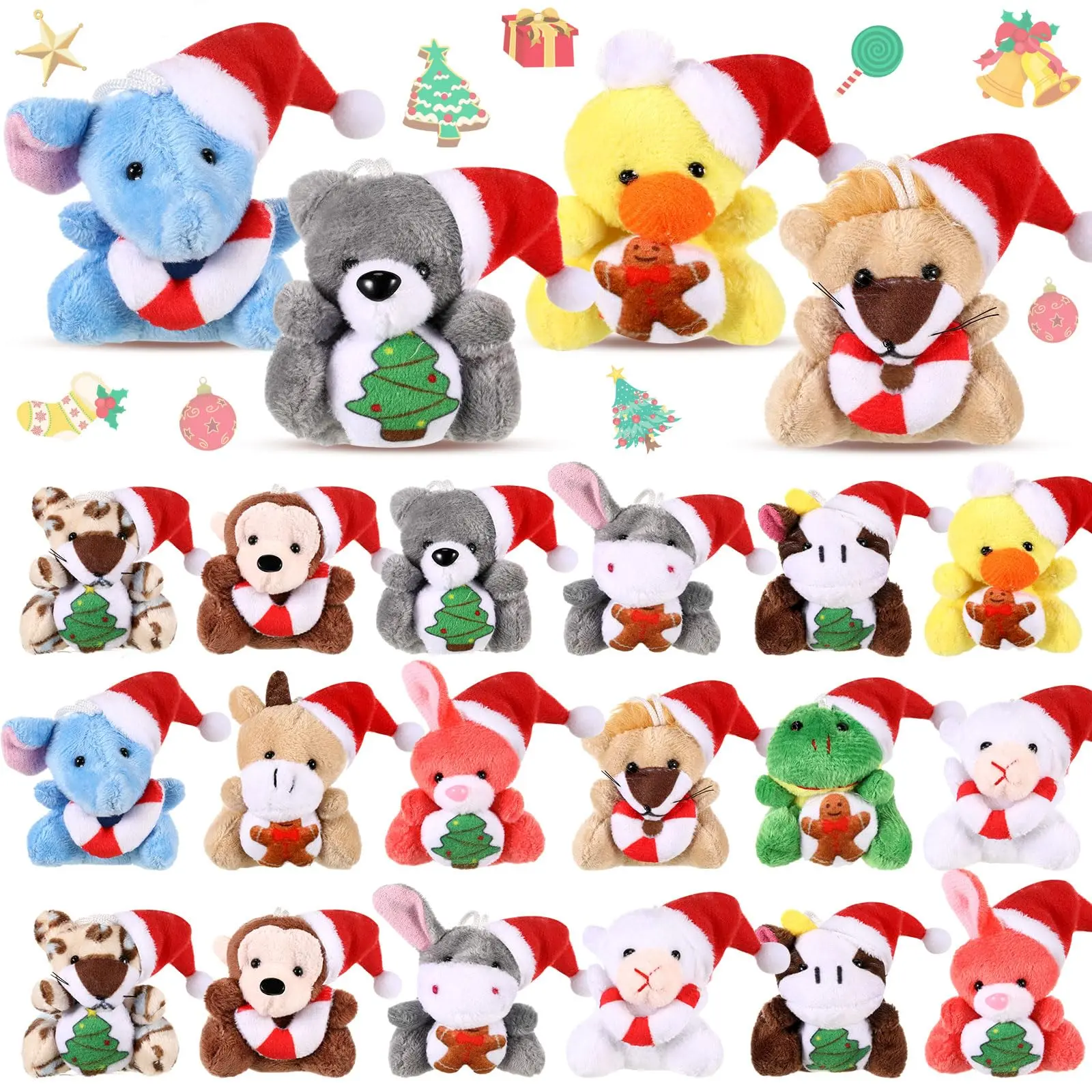 12 Christmas Plush Stuffed Animals Keychain Toys - 2.76-3.15 Inches Cute Bright Colors Xmas Styles with Santa Hat/Candy Cane, Mini Doll Ornaments for Bag, Kids Party Gifts, Christmas Tree Decor