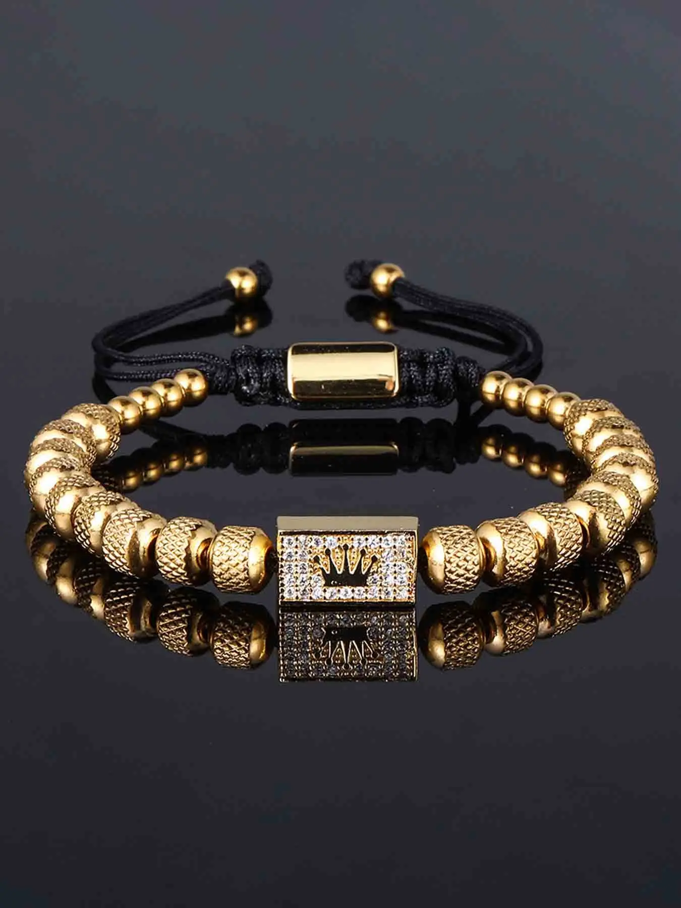 Vintage Stainless Steel Beaded Zircon Crown Bracelet, Handmade Adjustable Woven Men's Fashion Party Band, Casual Versatile Accessory, Beaded Bracelets, Bracelets Jewelry