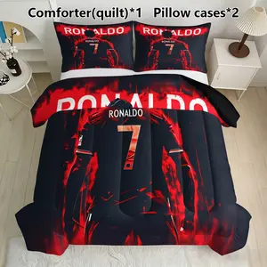 3 PCS Football Cristiano Ronaldo Embroidered Quilt Set (1 quilt + 2 pillowcases, without pillow core), quilt filling 200gsm, using U-shaped quilting technique, suitable for bedroom, dormitory or home decoration, multiple size options