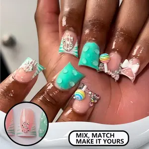 24 Pcs Duckbill 3D Mint Nails, Candy Bow Dollar Sign Design with Rhinestones, Sweet Cool Fake Nails, Includes Jelly Glue and Nail File