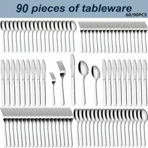 90P Stainless Steel Silverware Suitable for 18 People to Use, 60/90pcs, Steak Knife, Salad Fork, Dessert Spoons, Cutlery Set with Gift Box, Kitchen Accessories, Home Outdoor, Wedding Camping Stuff, Halloween Party Gift, Dishwasher Safe