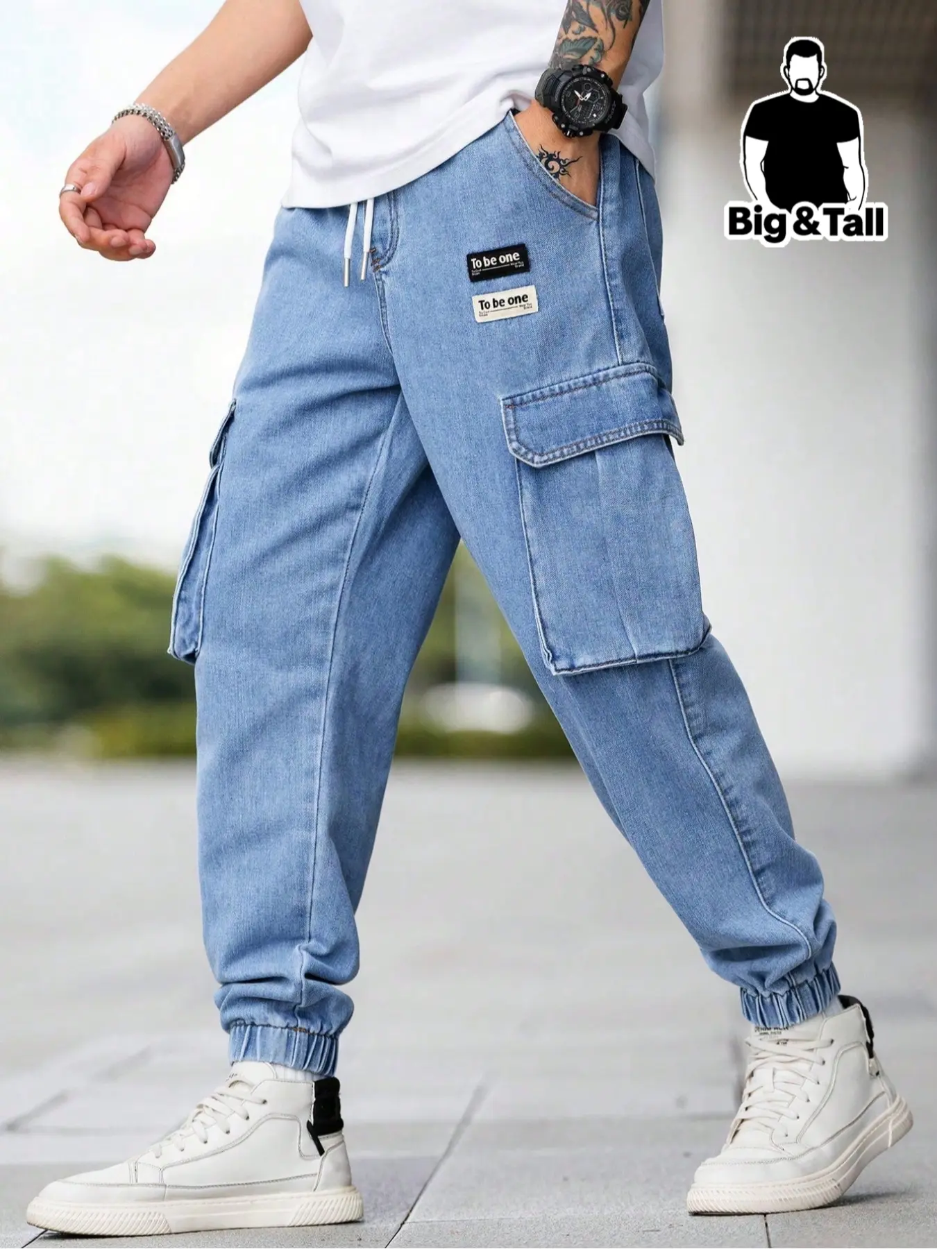 Men's large-sized, Loose casual streetwear workwear Pocketed Denim jeans pants with flap pockets and drawstring design, Plain, solid color, Classic simple style, versatile for all seasons and various occasions