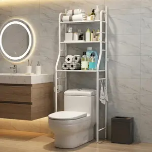 3-Tier Over The Toilet Storage Shelf, No Drill Space Saver Toilet Organizer with Removable Towel Hooks & Toilet Paper Holder, for Bathroom, Laundry Room, Balcony, White