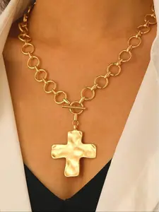 Women's Retro Simple Exaggerated Fashion Metal Geometric Round Hammer Pattern Cross Pendant Necklace, Thick Chain Jewelry for Daily Wear, Cross Charm Necklace
