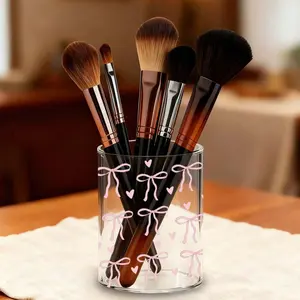 Pink Bow-Print Round Acrylic Storage Jar, Makeup Brush Organizer, Beauty Organizer, Makeup Organizer Box, Pen Brush Storage, Suitable For Home, School And Office, Compact, Portable, Cotton Swabs, Paintbrushes, Toiletries