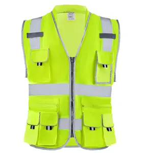 VEVOR Safety Vest,  10 Pockets Yellow Safety Vest, High Visibility Zipper Front Safety Vest with Reflective Strips, Hi Vis Work Construction Vest with Pockets and Walkie-Talkie Clip, for Men & Woman