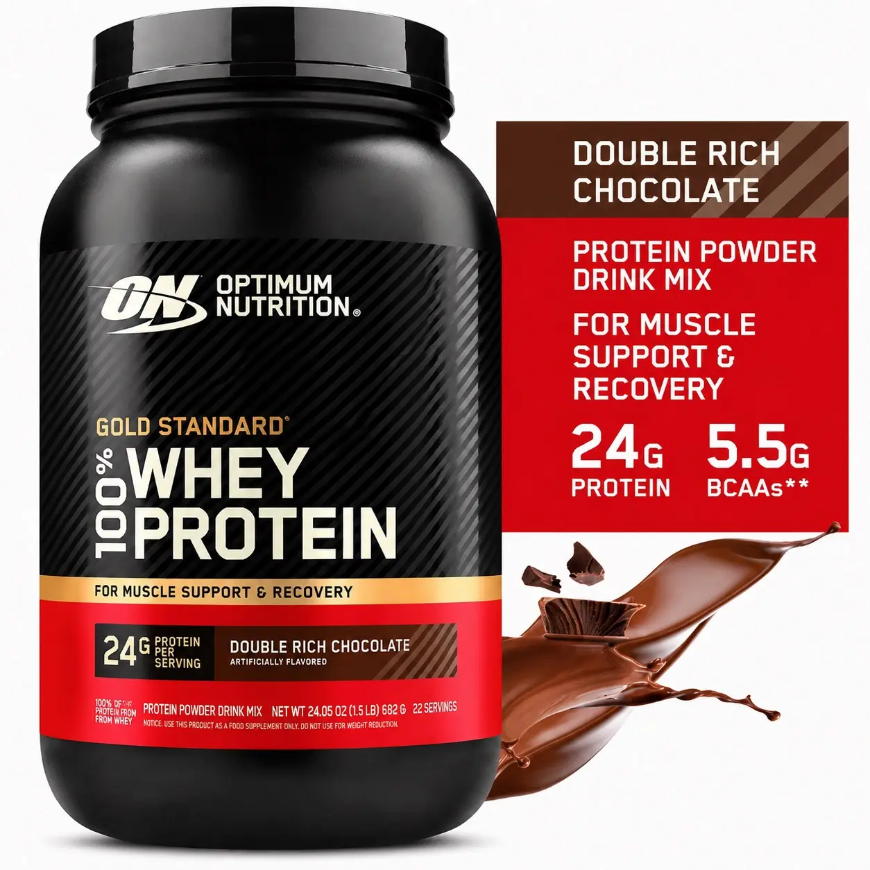 Optimum Nutrition Gold Standard 100% Whey Protein Powder, Double Rich Chocolate, 24g Protein, 5.5g BCAAs, 22 Servings, 1.5 lb (682 g)