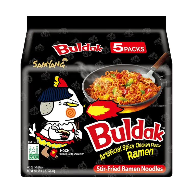 Samyang Buldak Spicy Chicken Korean Flavor Stir-Fried Instant Noodle Food Pack - 140g x 5, with Onion, Salt, Glycerin, Chili Sauce, Contains MSG