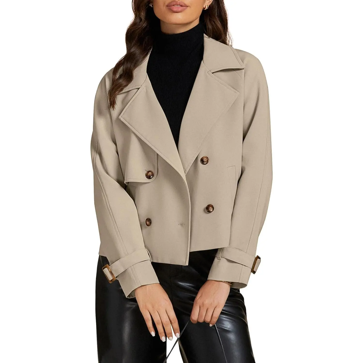 Women's Chic Cropped Length Trench Coat - Casual Loose-Fitting Double-Breasted Jacket with Notched Lapel, Long Sleeves, Pockets, Leisure Outdoor Tops & Clothes