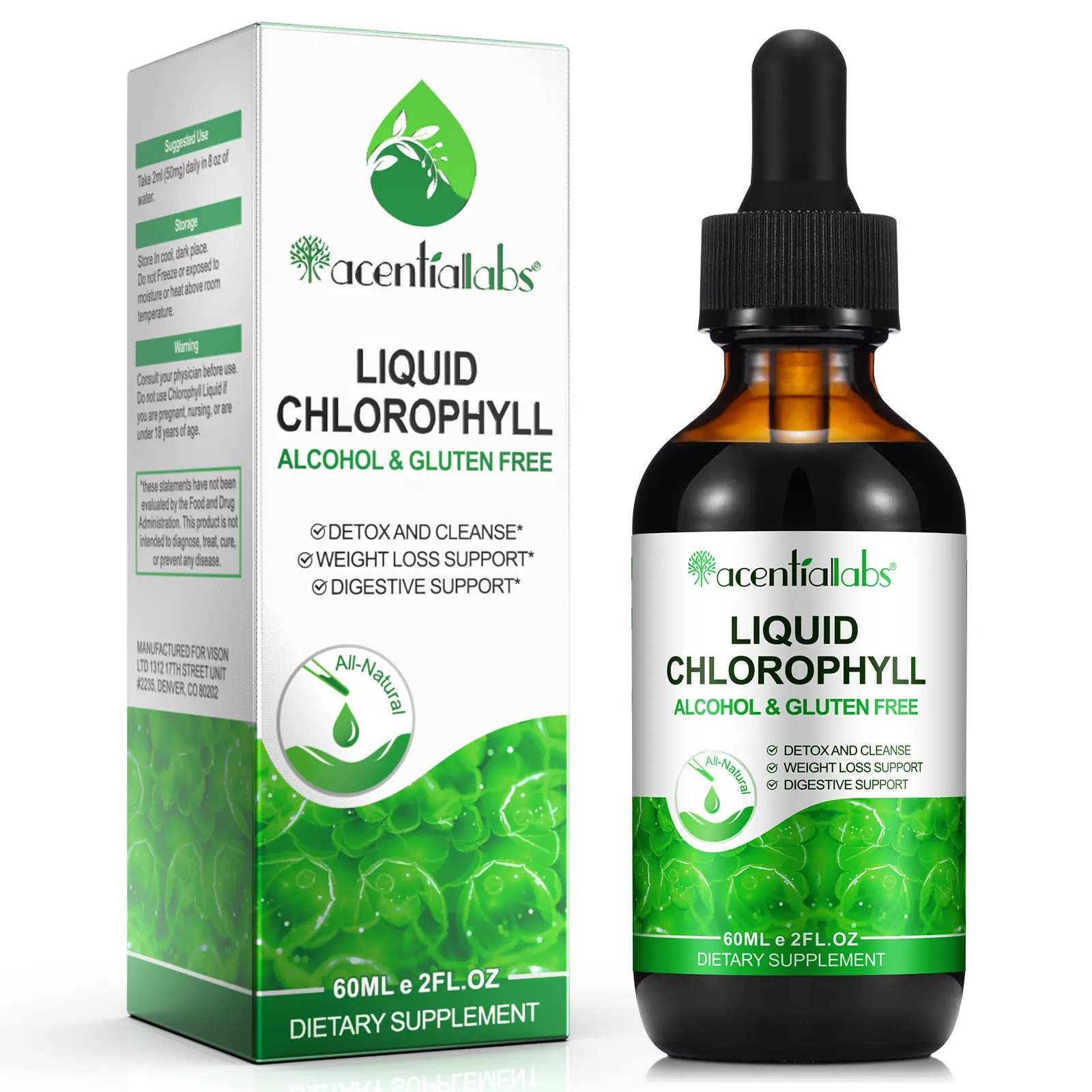Acentiallabs Liquid Chlorophyll Drops Peppermint Flavor Natural Plant Based Water Enhancer Refreshing Mint Green Drink Drops Sugar Free Alcohol Free Non GMO 4 Month Supply