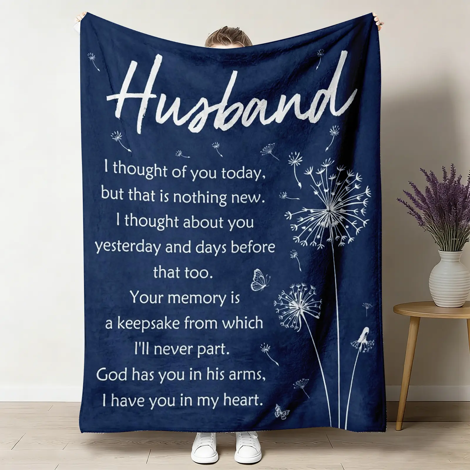 Classic Soft Flannel Memorial Blanket - Sympathy Bereavement Gift for Loss of Husband, Print Pattern, Multi-Size (Incl. 50x60 in), Home & Travel Use, High-Softness Remembrance Blanket