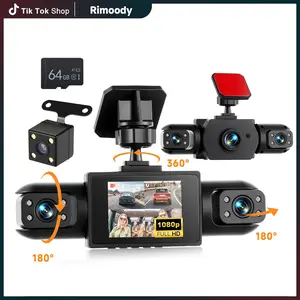 RIMOODY 4 Channel Dash Cam Front Rear Inside Left Right 1080P Touch Screen 2inch Night Vision 24/7 Recording 64GB TF Card Rotatable Dashcam