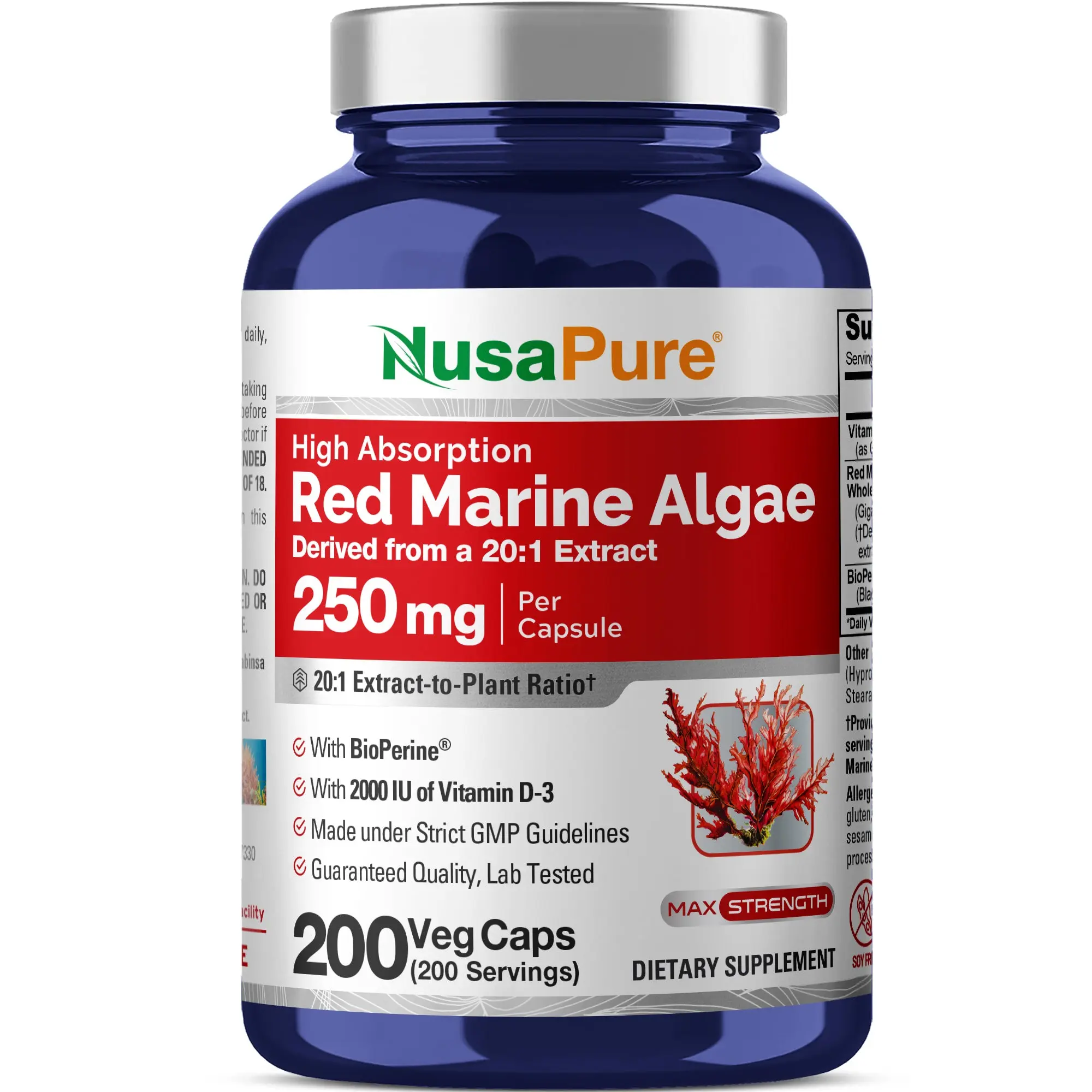 NusaPure Red Marine Algae 20:1 Extract Healthcare Dietary Supplement - 250mg, 200 Veggie Capsules, Natural, Magnesium, Antioxidant, Non-GMO, Soy-Free, Bioperine, GMP-Certified, Ocean-Sourced, Immune Support, 250 Mg, Gut Support, Body Health, Capsule, Mine