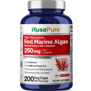 NusaPure Red Marine Algae 20:1 Extract Health Dietary Supplement - 250mg, 200 Veggie Capsules, Natural, Magnesium, Antioxidant, Non-GMO, Soy-Free, Bioperine, GMP-Certified, Ocean-Sourced, Immune Support