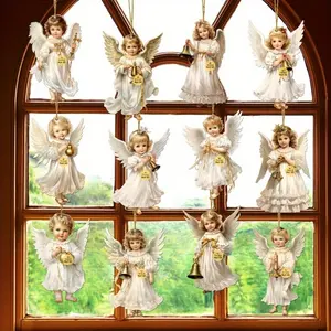 12pcs Angel Wooden Hanging Ornaments, Serene Angels with Golden Bells & Ribbons, Home Window Fireplace Christmas Party Decor