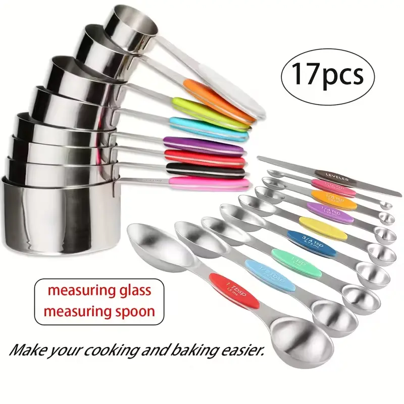 【Summervibes】Mothers Day Gifts for Her-Measuring Cups and Spoons Set Stainless Steel 17 Piece for Cooking and Baking (8 Cups + 9 Spoons, Colorful Handles)