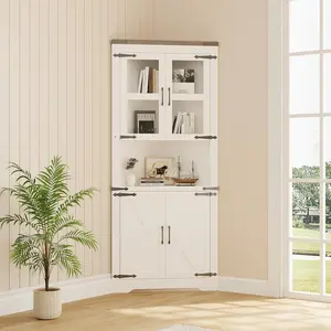 Gaomon Tall Farmhouse Corner Cabinet - 4-Door Storage Cabinet with Adjustable Shelves, for Living Room, Kitchen (White)