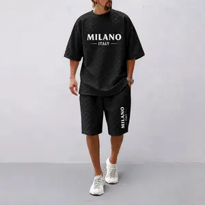 Men's Spring and Summer Milan Letter Print Checkered Fabric Drawstring Shorts Set, Casual Summer Outfit with Short-Sleeved Shirt and Shorts, Ideal for Everyday Wear and Sports Activities.