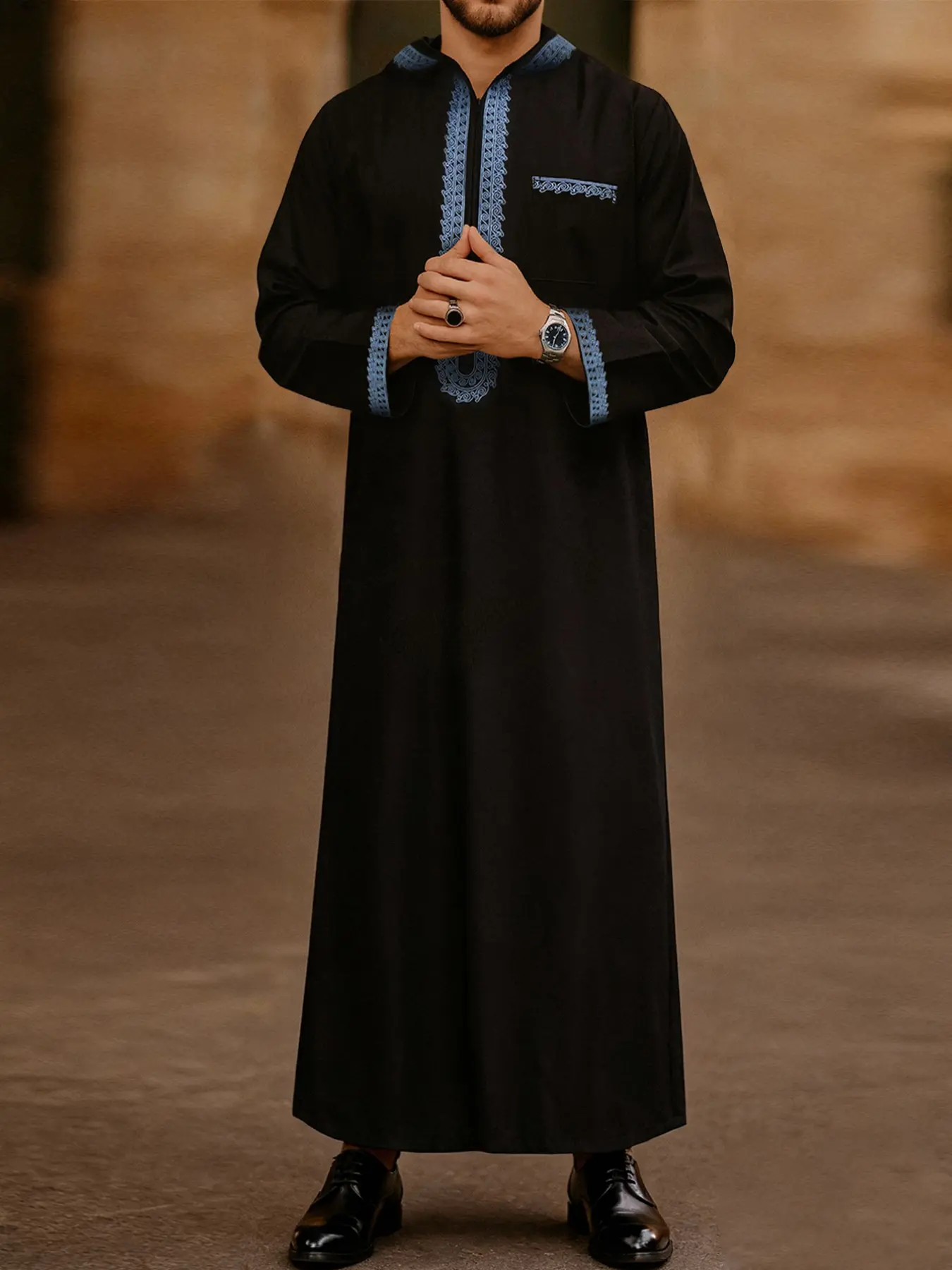 Men's Zipper Hooded Robe, Islamic Thobe, Arab Thobe, Traditional Arabic Robe, Ethnic Style Casual with Deep Blue Embroidery, Ramadan Festival Traditional Holiday Clothing, All Seasons Wear
