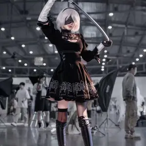 Wiccon Nier Automata Yorha 2B Cosplay Suit Anime Women's Inner Print Outfit Disguise Costume Set with Wig Eye Patch Bow Gloves Hair Band and Sleeve Feather for Halloween Party Black Dress Gamis Womenswear Clothes Womenswear Clothes