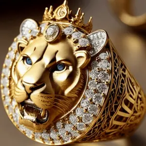 Majestic Lion Crown 14k Gold Plated Ring for Men, Combined with Synthetic Cubic Zirconia Stone, Symbolizes Courage and Strength