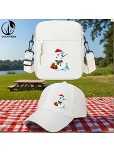 2pcs Snowman with Santa Hat and Fishing Rod in Front of Christmas Tree Print, Unisex Baseball Cap & Crossbody Bag, Men's and Women's Fashion Street Suit, Unisex Sportswear, Unique Gift Ideas, Adjustable Polyester, Casual Outdoor Sports Accessories