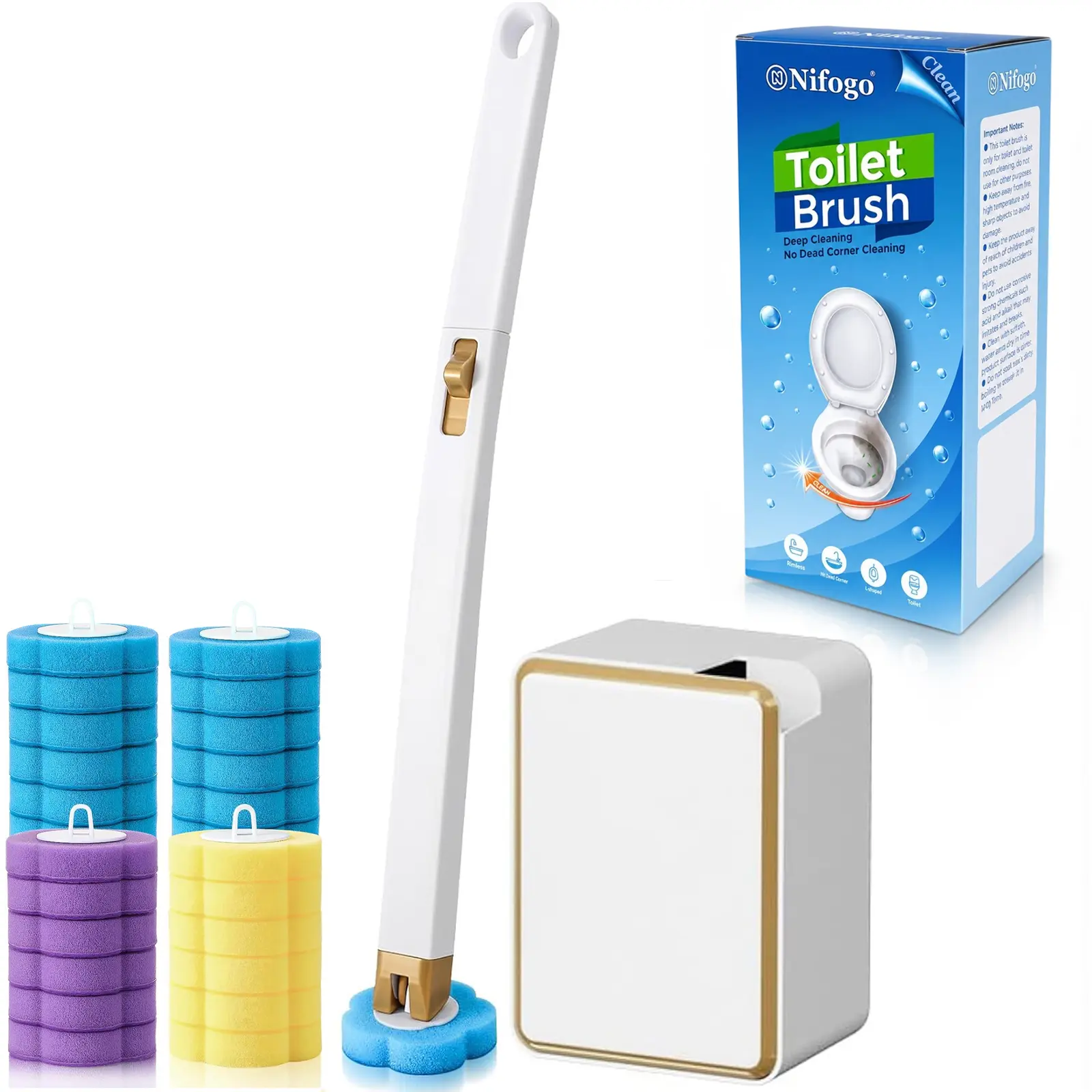 Nifogo Durable Toilet Brush Kit - Wall-Mount Organizer Holder Set with 24 Disposable Cleaner Refills, Multi-Use Bathroom Cleaning Tool for Toilet, Sink