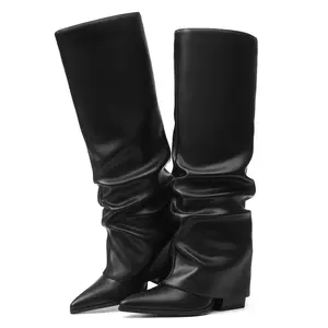 EROCALL Women's Fold Over Boots Slouch Knee High Boots for Women Chunky heels Heel Pointed Toe Tall Boot, Wide Calf, Pull-on Covered chunky Heel Patent Leather Knee High Boots SpringStatements