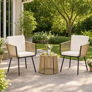 Costoffs 3-Piece Outdoor Patio Bistro Set - Boho Wicker Chairs, Tempered Glass Table, Cushioned - Patio Furniture with Chair for Balcony, Garden, Garden Decor