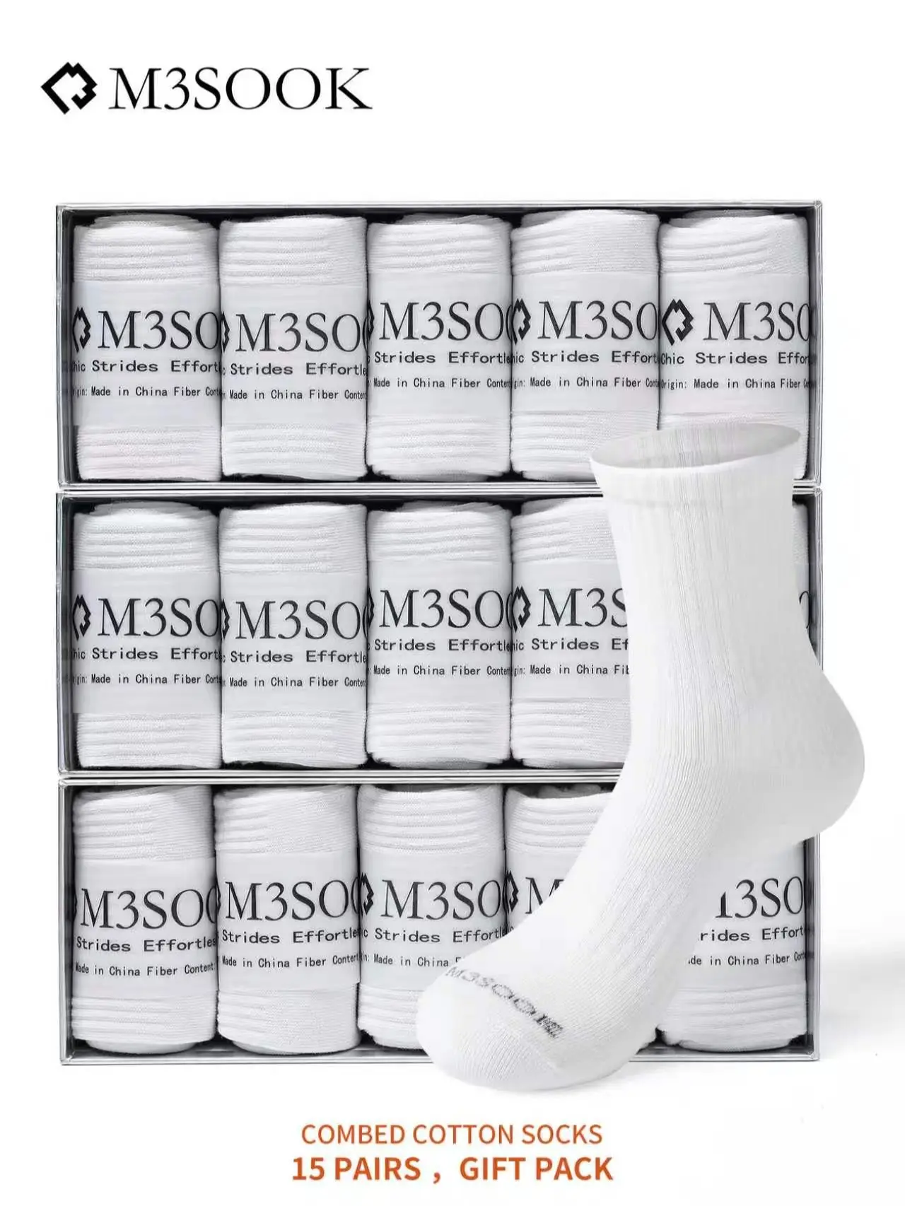 M3SOOK Combed Cotton Mid-Calf Socks - 15-Pair Gift Pack, Everyday Basic Style, Elegant Soft Smooth Fabric, Unisex White Men's/Women's Socks