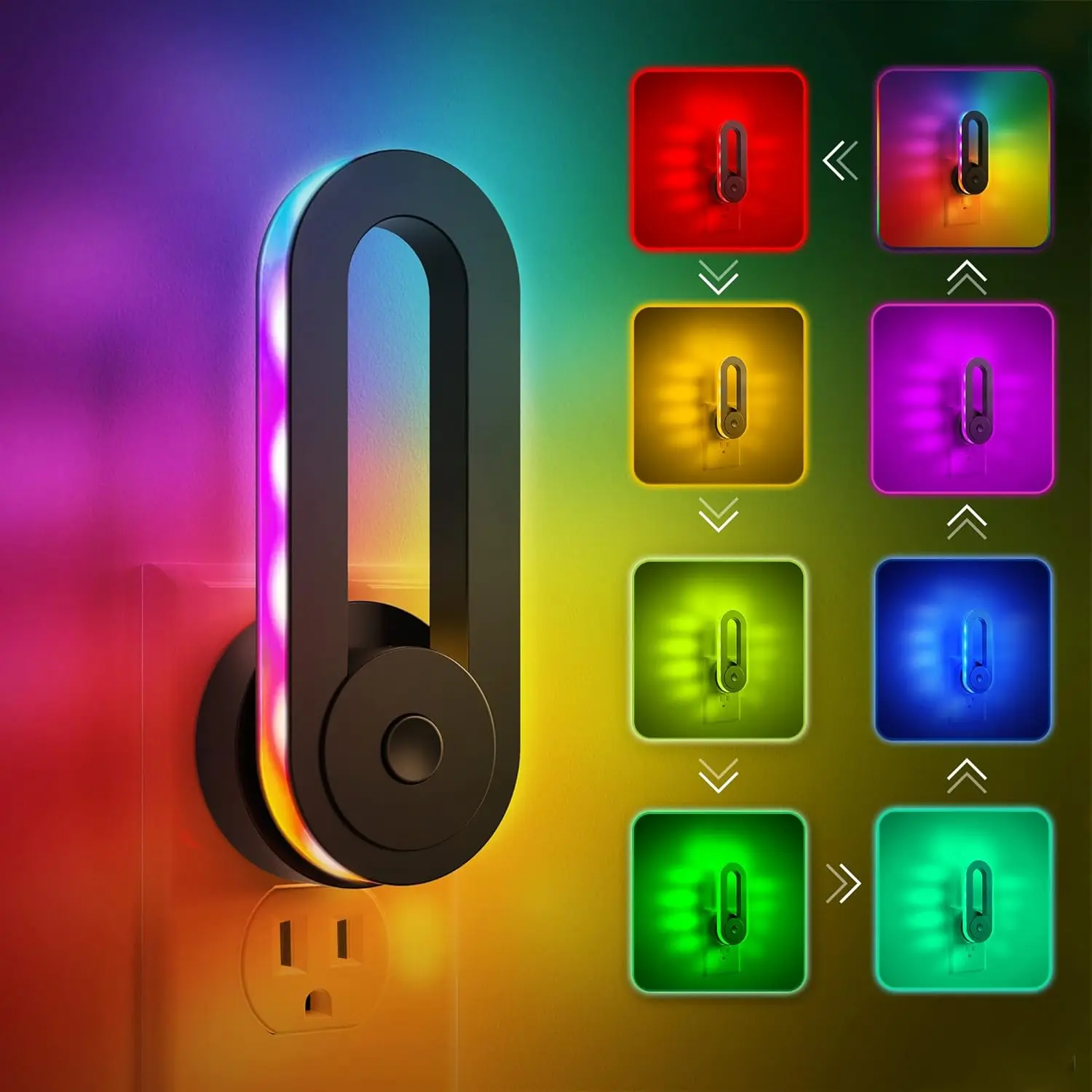 Jandcase Plug-In Lamp - 1W Power Draw, Dusk-to-Dawn Sensor, 7 Static RGB Set Colors, Adjustable Lighting, RGB Cycle Mode, Indoor Use Decoration for Bedroom, Gaming Room, Adjustable Rgb Lighting, Nightstand