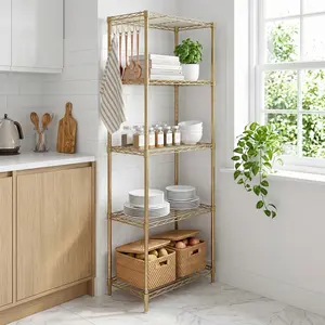 5-Tier Adjustable Gold Display Rack 59" Iron Shelf with Customizable Spacing Leveling Feet High-Gloss Finish Space-Saving Vertical Design for Plants Books Collectibles